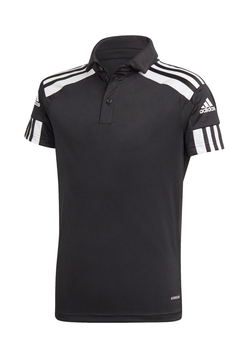 Schwarzes Poloshirt aus glattem Stoff mit Kragen, zwei Knöpfen und weißen Streifen an den Ärmeln. Verfügt über das Adidas-Logo auf der Schulter.