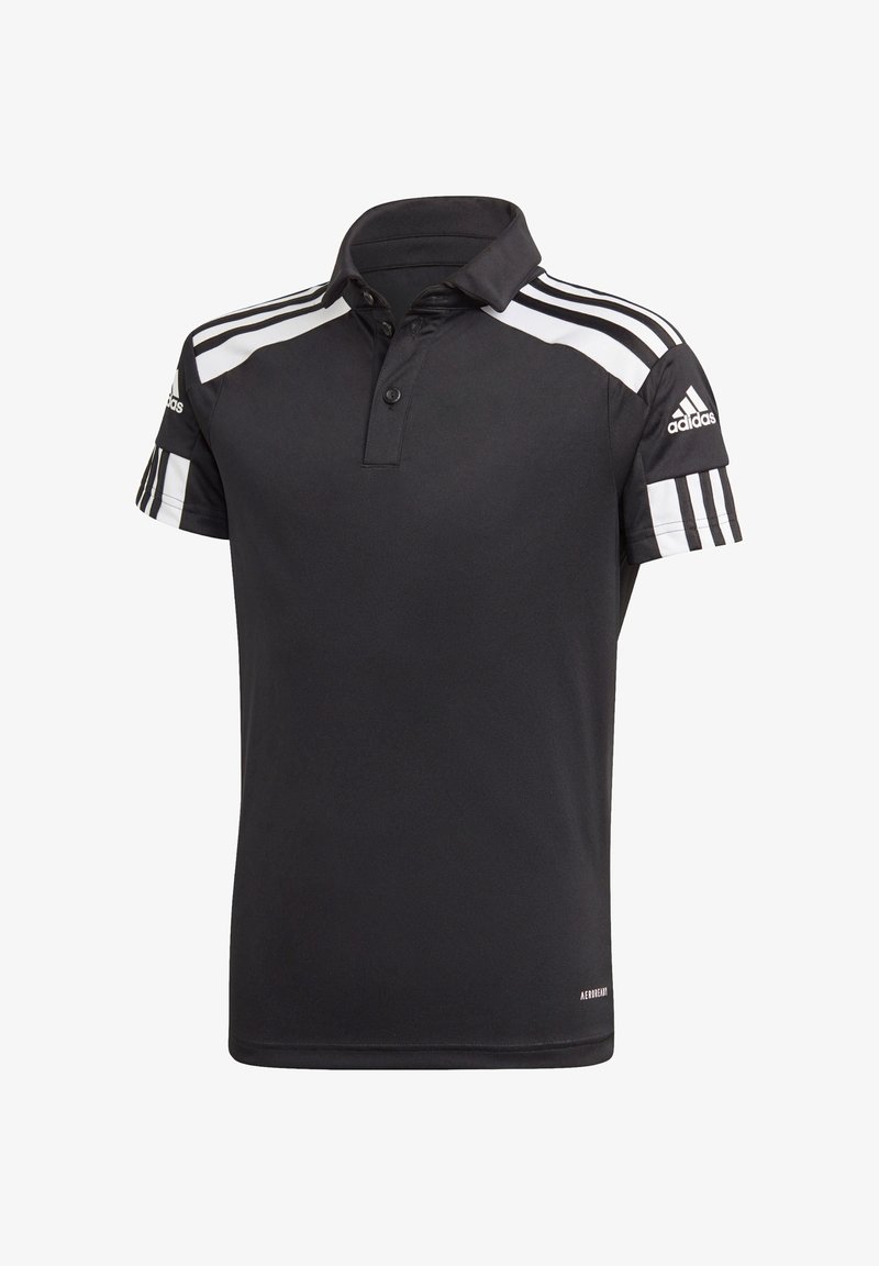 Zwarte poloshirt van gladde stof met een kraag, twee knopen en witte strepen op de mouwen. Heeft het Adidas-logo op de schouder.