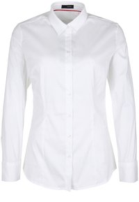 Camicia bianca a maniche lunghe con colletto a punta, realizzata in tessuto liscio. Presenta una pattina frontale e un design slim fit.