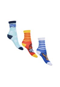 Tres pares de calcetines infantiles: azules con huellas de patas, rojos con rayas amarillas y gráfico de perro, y a rayas azules y blancas con gráfico de perro.