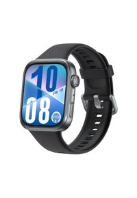 Smartwatch with rectangular face, metallic gray bezel, black rubber strap, and a vibrant blue and white digital display showing time and date.