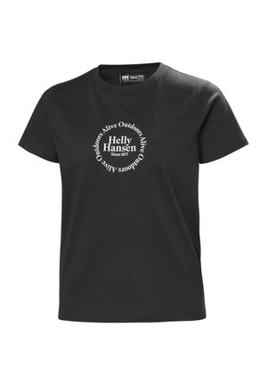 Black cotton t-shirt featuring a circular white graphic with "Helly Hansen Alive Outdoors Since 1877" printed prominently on the front.