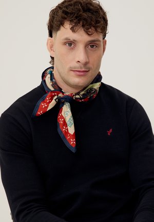 Jonge man met krullend haar, een zwarte trui en een kleurrijke sjaal met patroon om zijn nek, kijkt naar de camera.