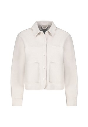 Cremfarbene jacke in verkürzter Form aus weichem Stoff mit Kragen, Knopfleiste und zwei großen Fronttaschen. Schlichtes Design mit langen Ärmeln.