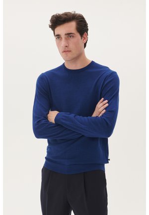 Blue long-sleeve sweater in a soft knit material with a round neckline, ribbed cuffs, and hem. Worn over black trousers, arms crossed.