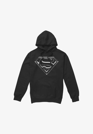 Schwarzer Hoodie mit Fronttasche und großem silbernem Superman-Logo auf der Brust, mit Kordelzugkapuze und gerippten Bündchen.