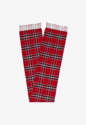 Roter Tartan-Schal mit einem karierten Muster in Schwarz und Weiß, mit Fransen an den Rändern, aus weichem Stoff gefertigt.