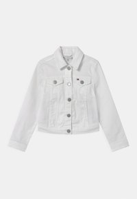 Valkoinen farkkutakki pitkillä hihoilla, edessä nappisuljenta, kaksi rintataskua ja lyhennetty muotoilu. Varustettu hopeanvärisillä yksityiskohdilla ja vähäisellä ompelulla.