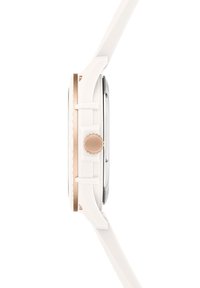 Weißes Silikon-Armbanduhr mit einem Roségoldenen Metallrand, glattem weißen Gehäuse und rundem silbernem Zifferblatt, das eine Krone an der Seite hat.
