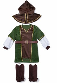 Green and brown costume with a hooded cape, gold trim, and a belt. Includes two matching brown leg accessories. Soft fabric, long sleeves.