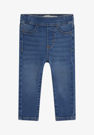 Jeans in denim blu con una texture liscia, due tasche frontali e un design classico a cinque tasche. Presentano accenti di cucitura sottili.