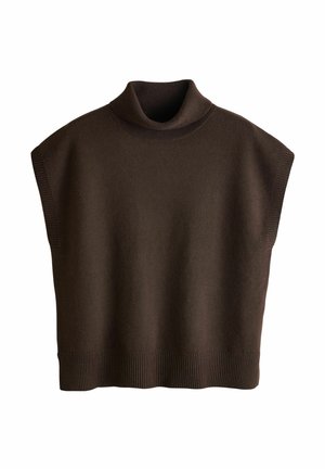 Brauner ärmelloser Rollkragenpullover mit geripptem Kragen und Saum. Weiche Stofftextur, minimalistisches Design ohne sichtbare Muster oder Verzierungen.