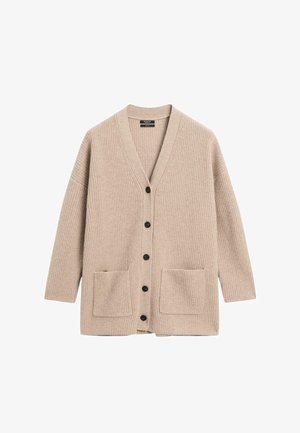 Cardigan beige a maglia con scollo a V, maniche lunghe e due tasche frontali. Presenta bottoni neri e una texture a coste.