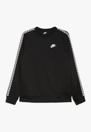 Felpa Nike nera a maniche lunghe con loghi Nike bianchi sul petto e nastro brandizzato bianco che corre lungo entrambe le maniche.