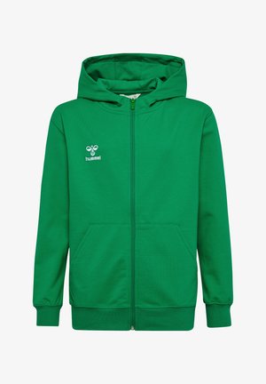 Dwoje dzieci ubranych w zielone bluzy z kapturem na zamek, białe koszule, szare spodnie dresowe i białe trampki stoi na jednolitym tle.