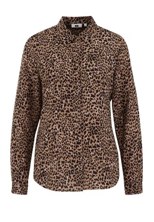Leopard print shirt with a collared neckline, long sleeves, and a relaxed fit. Made from lightweight fabric, featuring a tan and black pattern.