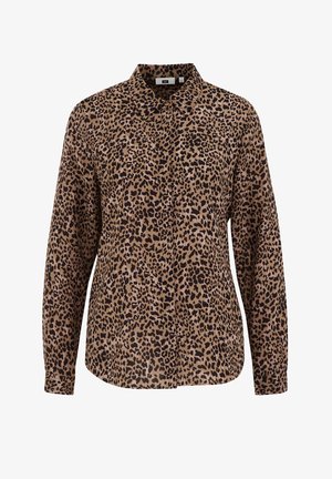 Halenka s leopardím vzorem, s límečkem, dlouhými rukávy a volným střihem. Vyrobeno z lehkého materiálu, s hnědočerným vzorem.