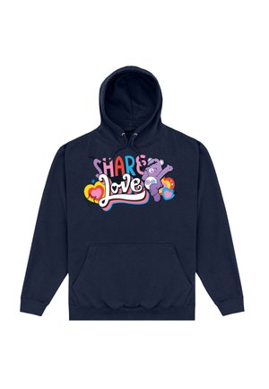 Granatowy hoodie z grafiką przedstawiającą napis "SHARE LOVE" oraz fioletowego kreskówkowego misia, ozdobionego kolorowymi sercami. Z przodu kieszeń.