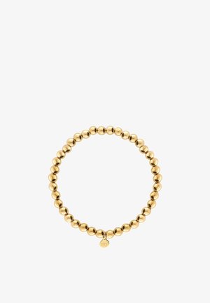 Gouden kralenarmband met een kleine ronde hanger in het midden, gegraveerd met het woord "my".