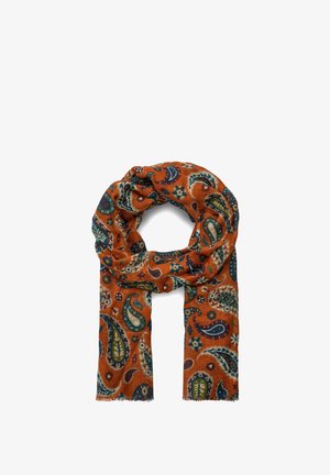 Ruosteenvärinen huivi, jossa sinisiä, vihreitä ja kermaisia paisley- ja kukkakuvioita, löysästi silmukassa tupsutetuilla reunoilla valkoisella taustalla.