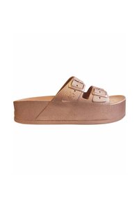 Sandali platform in bronzo con due cinture regolabili con fibbia, realizzati in materiale testurizzato, caratterizzati da una suola piatta e un design aperto sulla punta.