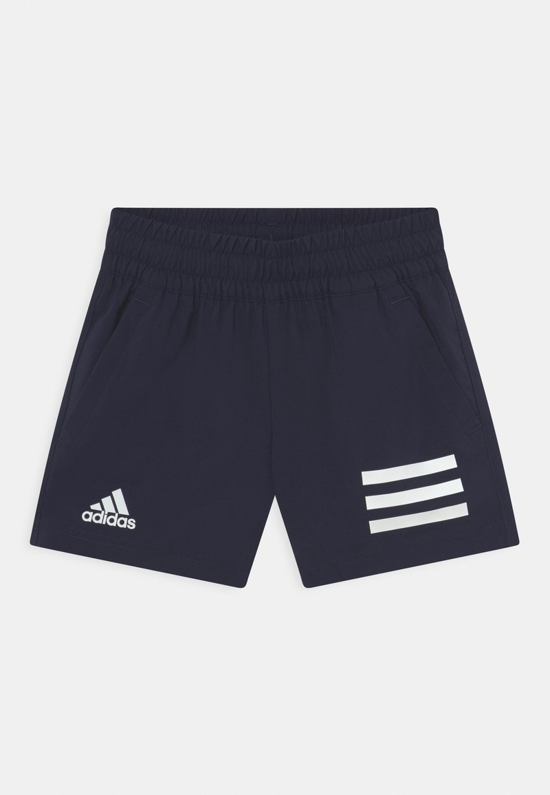 Shorts de sport bleu marine avec une ceinture élastique, deux poches latérales et un design à trois bandes blanches sur la jambe gauche.
