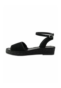 Sandali con zeppa in suede nero, con punta aperta, cinturino alla caviglia e suola in juta intrecciata, caratterizzati da una piattaforma largamente strutturata.