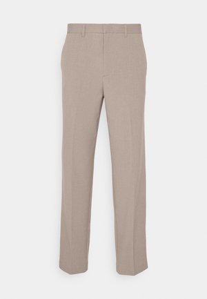 Pantaloni beige realizzati in tessuto leggero, con design a gamba dritta e vita piatta. Nessun motivo o decorazione visibile.