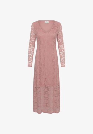 Abito in pizzo color rosa polvere a maniche lunghe con scollo a V, vita aderente e tessuto in pizzo floreale semitrasparente su tutta la superficie.