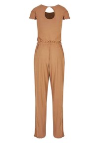 Combinaison marron côtelée à manches courtes, dos en forme de trou de serrure, taille élastique et bords festonnés aux manches et aux ourlets des jambes.