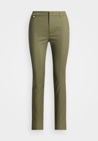 Slim-fit olive green trousers with belt loops, front zipper, and minimal seam detailing against a plain light background.