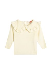 Cremfarbener Strickpullover mit langen Ärmeln, der einen Rüschensaum und einen Knopfverschluss auf der Rückseite hat. Weicher Stoff und taillierter Saum.