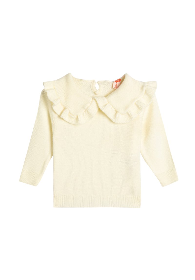 Cremfarbener Strickpullover mit langen Ärmeln, der einen Rüschensaum und einen Knopfverschluss auf der Rückseite hat. Weicher Stoff und taillierter Saum.