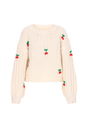 Cremfarbener gestrickter Pullover mit einem verkürzten Design, das mit roten gestickten Kirschen und grünen Blättern dekoriert ist, die über den Stoff verteilt sind.