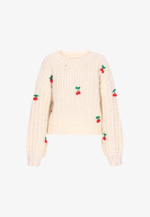Krémový pletený sveter s krátkym strihom, s červenými vyšívanými čerešňami a zelenými listami rozptýlenými po látke.