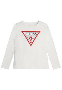 Weißes Langarm-T-Shirt mit einem rot-schwarzen, dreieckigen Logo-Design mit Strass-Akzenten und rundem Ausschnitt.