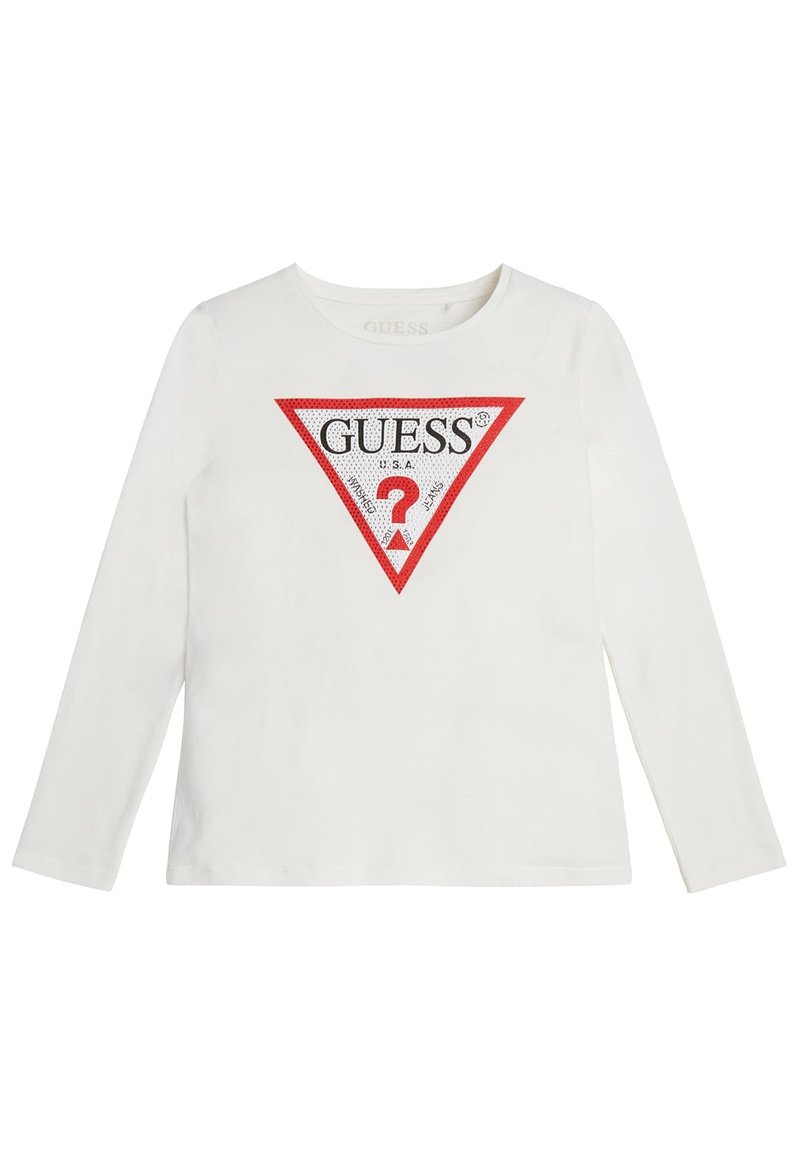 Weißes Langarm-T-Shirt mit einem rot-schwarzen, dreieckigen Logo-Design mit Strass-Akzenten und rundem Ausschnitt.