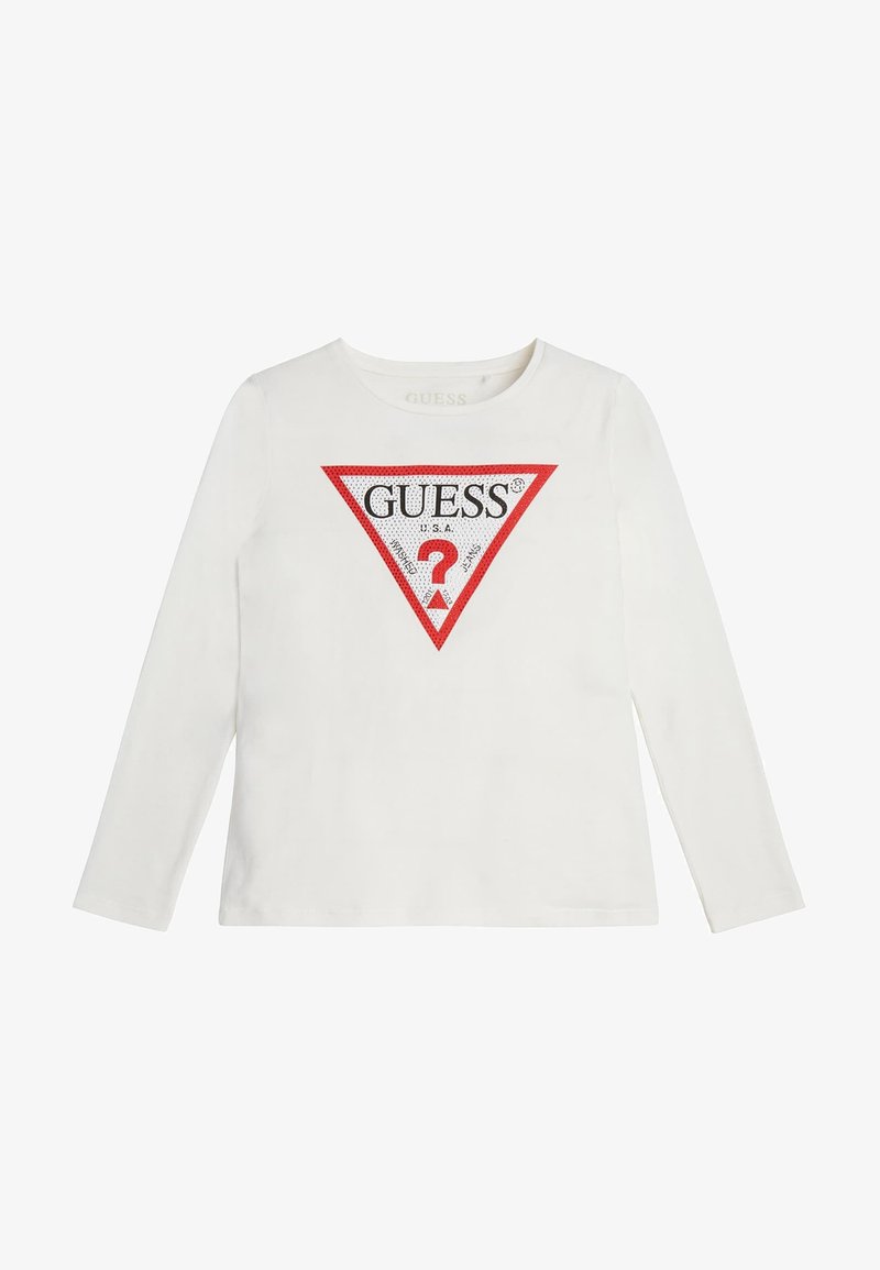 Weißes Langarm-T-Shirt mit einem rot-schwarzen, dreieckigen Logo-Design mit Strass-Akzenten und rundem Ausschnitt.