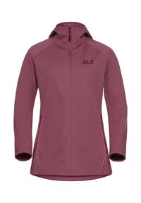 Giacca softshell bordeaux con cerniera, cappuccio e due tasche laterali. Presenta un logo sul lato sinistro superiore; tessuto morbido e flessibile.