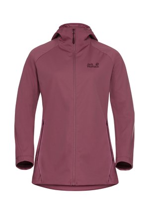 Giacca softshell bordeaux con cerniera, cappuccio e due tasche laterali. Presenta un logo sul lato sinistro superiore; tessuto morbido e flessibile.