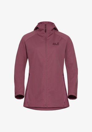 Maroon softshell jacket with a zipper, hood, and two side pockets. Features a logo on the upper left side; smooth, flexible fabric.