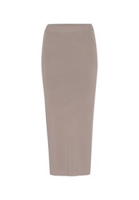 Beige Bleistiftrock in knielanger Länge, gefertigt aus einem elastischen Stoff, mit einer taillierten Silhouette und einer glatten Textur ohne sichtbare Muster oder Akzente.
