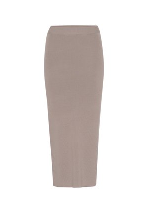 Knee-length bēšas krāsas zīmuļu svārki, izgatavoti no elastīga auduma, ar pieguļošu siluetu un gludu tekstūru bez redzamām rakstu vai aksesuāru detaļām.