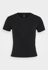 Zwarte kortek mouw t-shirt van ribbelstof, met verspreide rhinestone accenten over de voorkant voor extra detail.