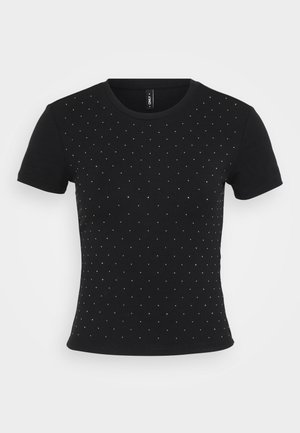 Melna īsām piedurknēm T-kreklu, kas izgatavots no ribota auduma un dekorēts ar izkaisītiem akmeņu akcentiem priekšpusē, lai pievienotu papildu detaļas.