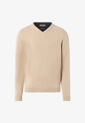 Pull en V beige en tricot doux, doté de manches longues et de poignets et ourlets côtelés pour un ajustement confortable.