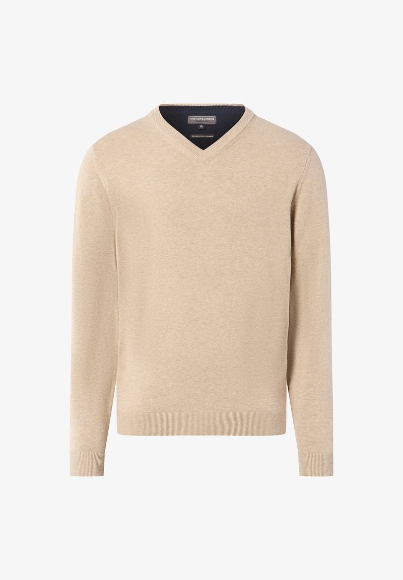Beige V-hals trui van zacht breiwerk, met lange mouwen en geribbelde manchetten en zoom voor een comfortabele pasvorm.