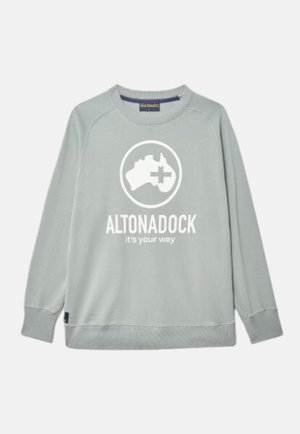 Sudadera de color gris claro hecha de un tejido suave, con un logo circular que presenta un contorno de mapa y el texto "ALTONADOCK es tu camino" en blanco.