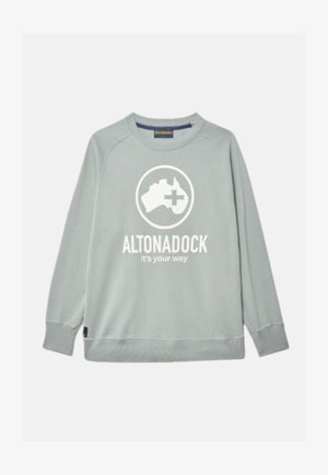 Sudadera de color gris claro hecha de un tejido suave, con un logo circular que presenta un contorno de mapa y el texto "ALTONADOCK es tu camino" en blanco.