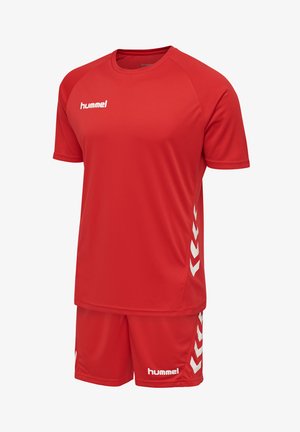 Rode sportshirt en short set gemaakt van lichte stof. Bevat witte zijaccenten met chevronpatroon en een logo op de borst.